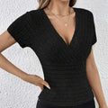 Women's V-neck Cross Wrapped Chest Design Ribbed Solid Color Versatile Sexy Style Knitted Sweater Lady T Fashions