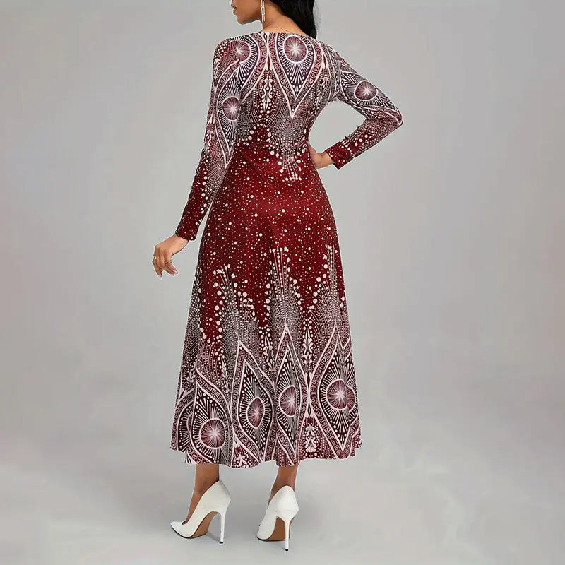 Women's Plus Size Elegant V-Neck Long Sleeve A-Line Dress With Starry Sky Print, Slim-Fit Flowy Maxi Dress For Holiday & Party Wear Lady T Fashions