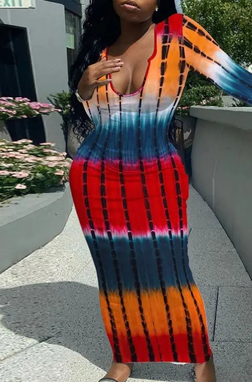 Women's V-neck Printed Casual Bag Hip Dress Lady T Fashions