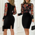 Women's Elegant Round Neck Long Sleeve See Through Floral Print Bodycon Dress For Spring & Summer Lady T Fashions