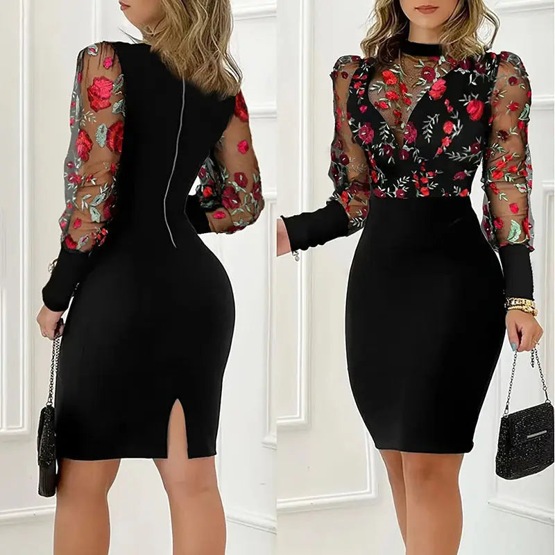 Women's Elegant Round Neck Long Sleeve See Through Floral Print Bodycon Dress For Spring & Summer Lady T Fashions