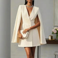 Women's Elegant Solid Color V Neck Double-Breasted Cape Blazer Dress Spring & Summer Party Banquet Outfit Lady T Fashions