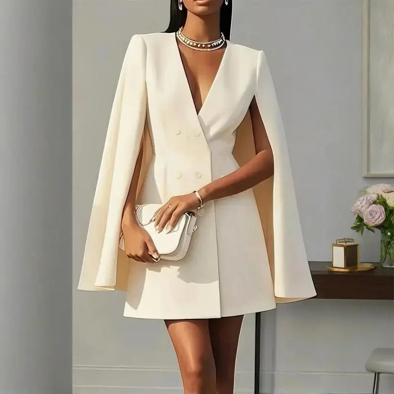 Women's Elegant Solid Color V Neck Double-Breasted Cape Blazer Dress Spring & Summer Party Banquet Outfit Lady T Fashions