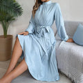 Elegant High Neck Long Sleeve Pleated Maxi Dress - Solid Color Flowy Dress For Women, Casual To Formal Wear Lady T Fashions