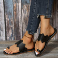 Women's Flat Slide Sandals, Black Open Toe Non Slip Toe Loop Shoes, Casual Outdoor Beach Slides Lady T Fashions