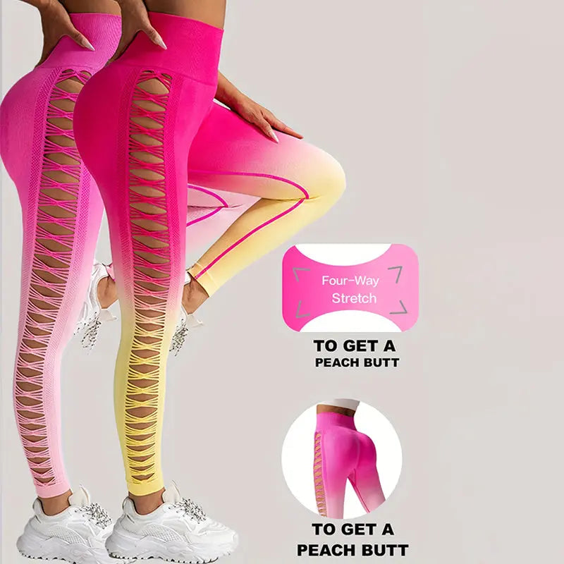 2 Pack Cut Out Ombre Gradient Color Hollow High-waist Butt-lifting Fitness Women's Yoga Pants, Women's High Waist Yoga Pants Cutout Ripped Super Soft And Comfortable Skinny Lady T Fashions