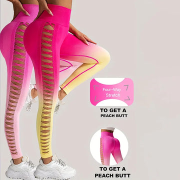 2 Pack Cut Out Ombre Gradient Color Hollow High-waist Butt-lifting Fitness Women's Yoga Pants, Women's High Waist Yoga Pants Cutout Ripped Super Soft And Comfortable Skinny Lady T Fashions