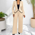Women's Two-Piece V-Neck Long Sleeve Blouse With Contrast Trim & Straight Leg Wide Pants Set - Office Wear Suit For Spring&Fall Lady T Fashions