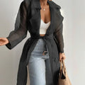 Women's Solid Color Half Sheer Long Sleeve Cardigan With Buttons & Belt - Lightweight Cover-Up For Summer Lady T Fashions