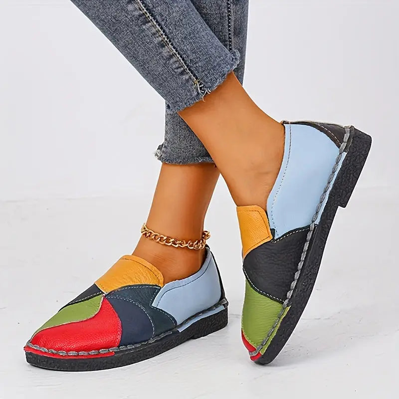 [Fashion Loafers] Soft Colorblock Women's Flat Loafers | Fashion Round Toe Slip On Faux Leather Shoes, Casual Walking Anti-skid Shoes Lady T Fashions