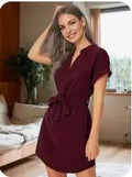 V-neck Short Sleeve Dress With Belt Summer Fashion Bowknot Dresses For Women Clothing Lady T Fashions