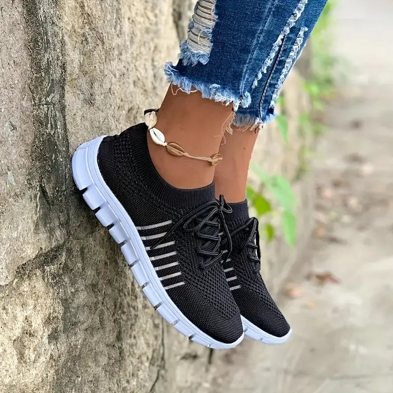 Women's Mesh Breathable Running Shoes, Solid Color Lace Up Front Summer Walking Shoes, Flying Woven Casual Sneakers Lady T Fashions