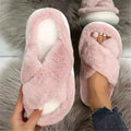 Women's Platform Fuzzy House Slippers, Open Toe Criss Cross Solid Color Casual Home Slides, Women's Indoor Flat Comfy Shoes Lady T Fashions