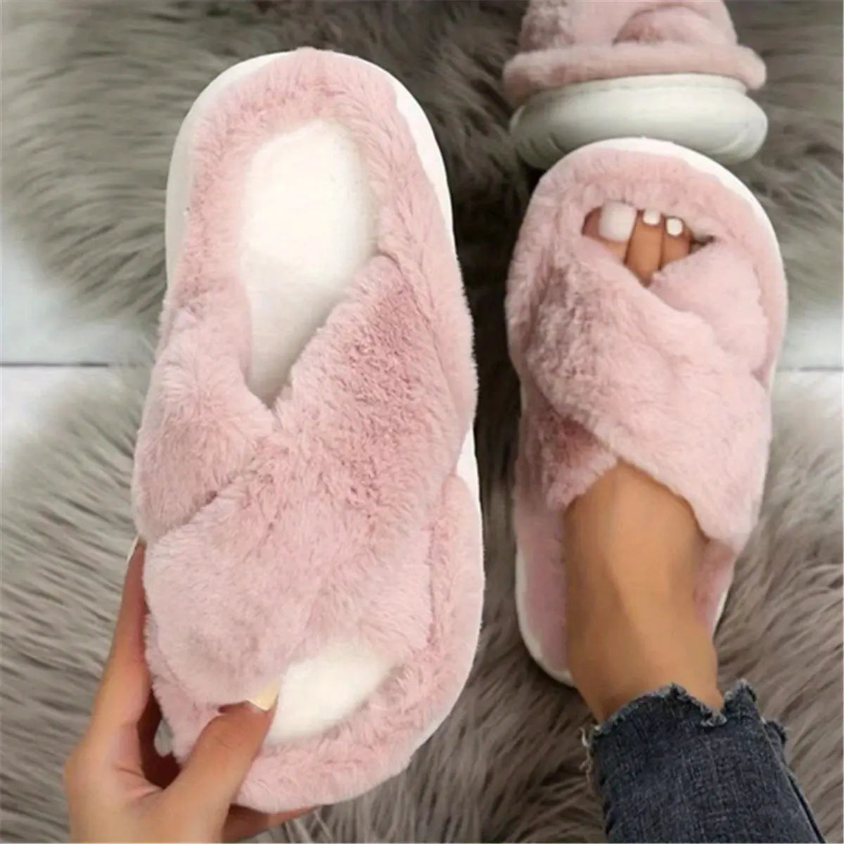 Women's Platform Fuzzy House Slippers, Open Toe Criss Cross Solid Color Casual Home Slides, Women's Indoor Flat Comfy Shoes Lady T Fashions