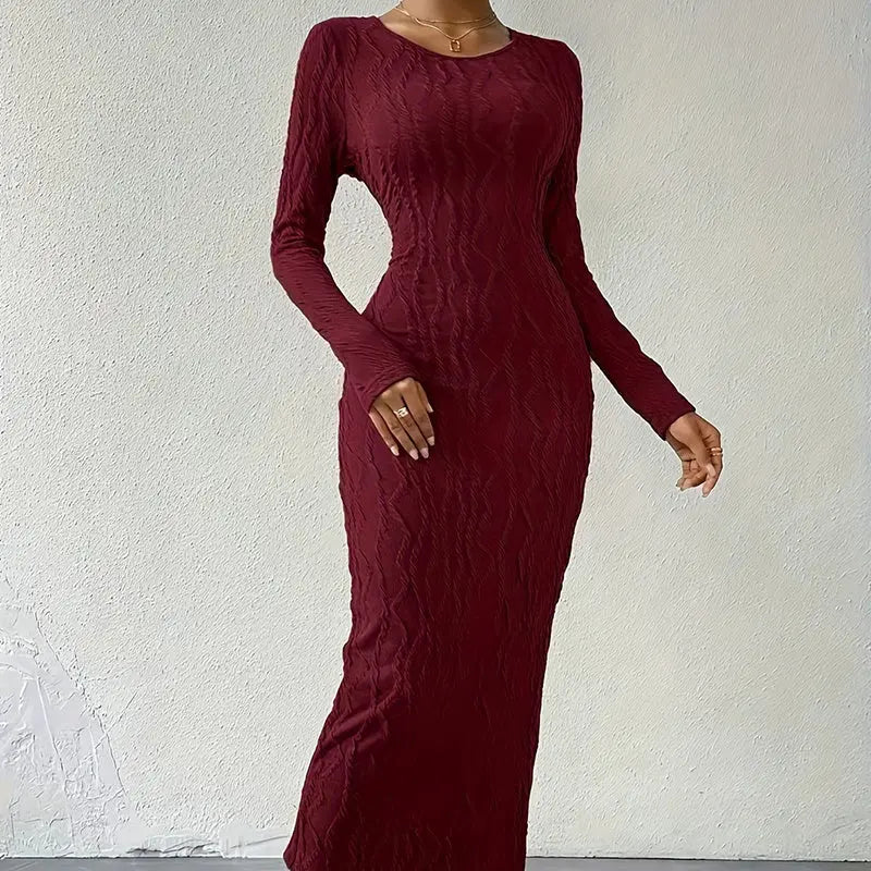 Women's Crew Neck Long Sleeve Ribbed Dress Side Slit Knit Bodycon Midi Dress Lady T Fashions