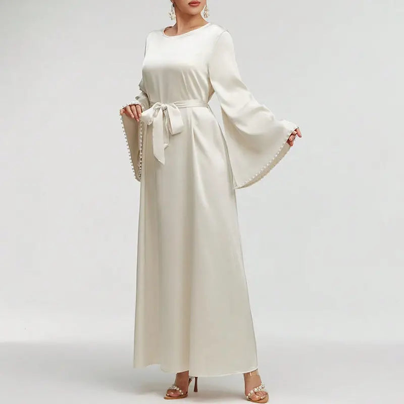 Elegant Round Neck Solid Color Flared Maxi Dress Long Sleeve With Pearl Cuff Detail, Modest A-Line Middle Eastern Abaya Party & Vacation Dress For Women Lady T Fashions