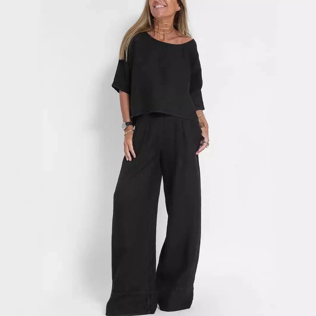 Women's Cotton And Linen Casual Cropped Sleeves Wide-leg Pants Suit Lady T Fashions