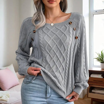 Women's Solid Color Casual Square Neck Button-Detail Knit Top - Textured Ribbed Pattern, Cozy Fall&Winter Sweater Lady T Fashions