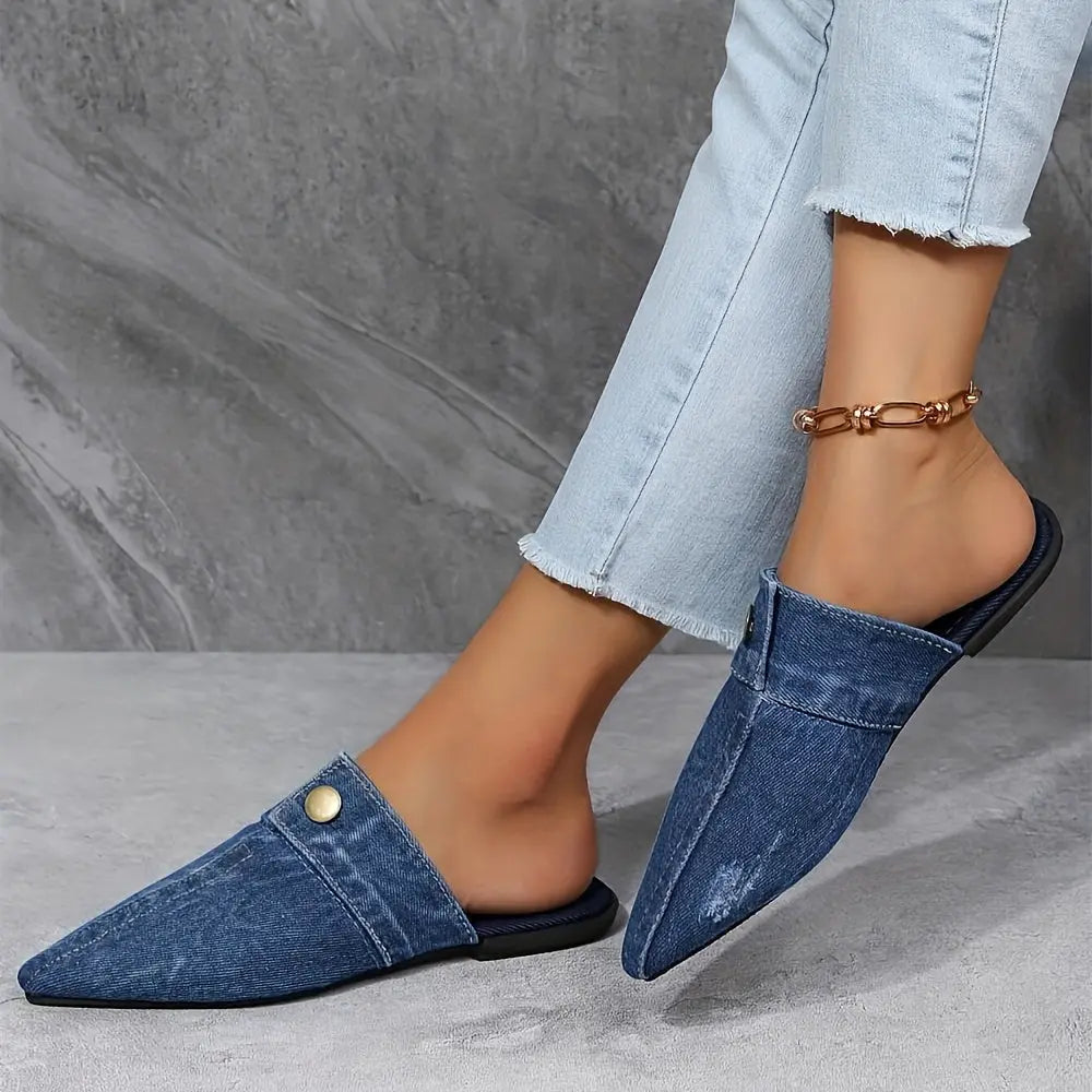 Women's Denim Flat Mules, Fashion Pointed Toe Slip On Non Slip Shoes, Casual Outdoor Slides Lady T Fashions
