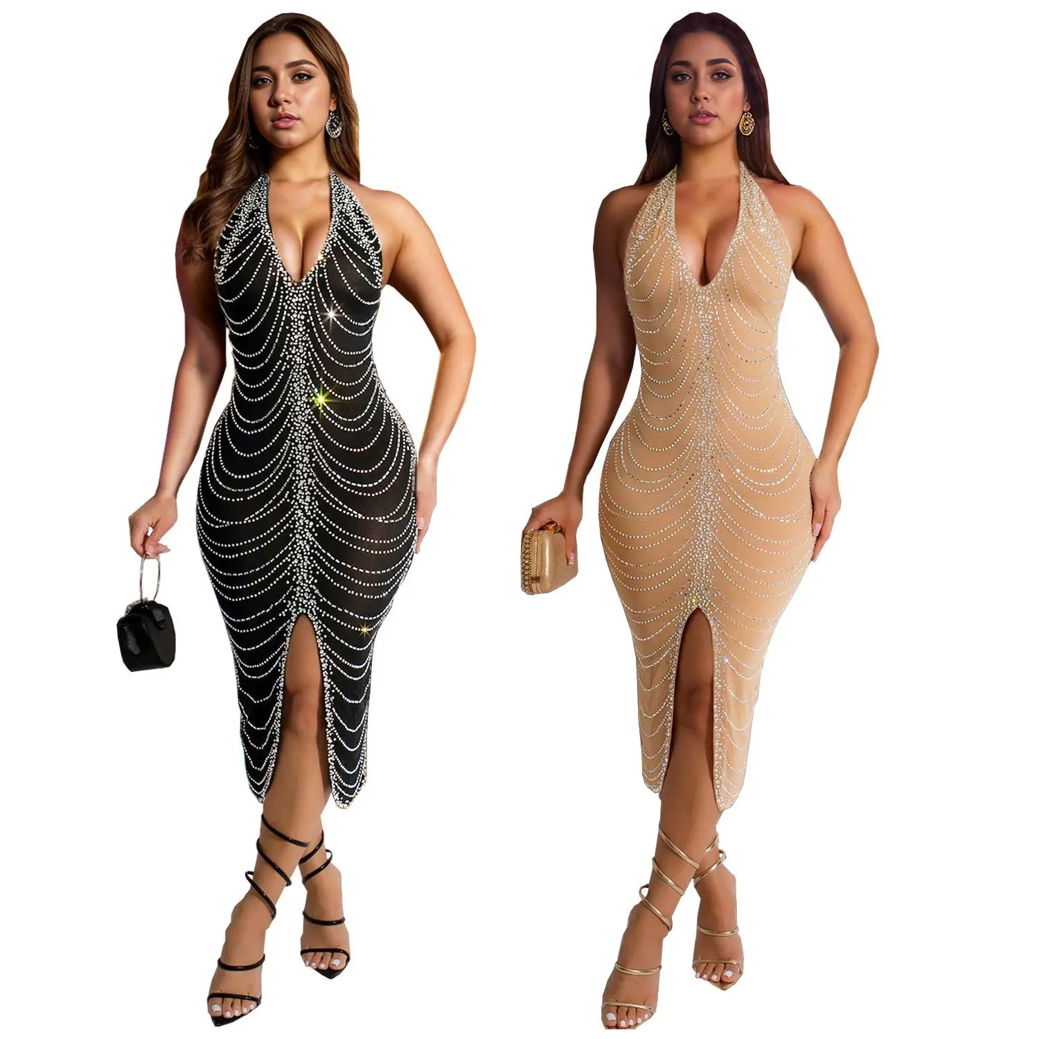 European And American Fashion Rhinestone Slim Fit Dress Lady T Fashions