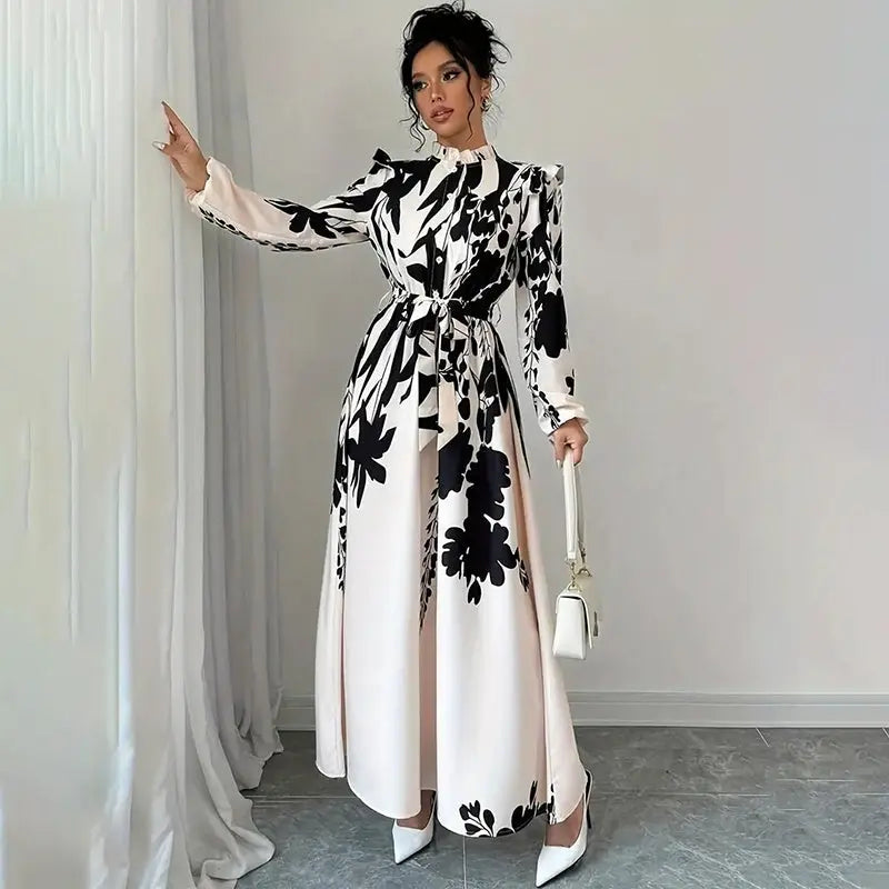 Women's Floral Print Long Sleeve Maxi Dress - Stand Collar A-Line Dress With Waist Detail, Lantern Sleeves & Ruffle Hem For Spring&Fall Lady T Fashions