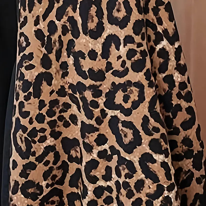 Womens Leopard Print Maxi Dresses Color Block Long Sleeve Dress Casual Summer Dresses Lady T Fashions