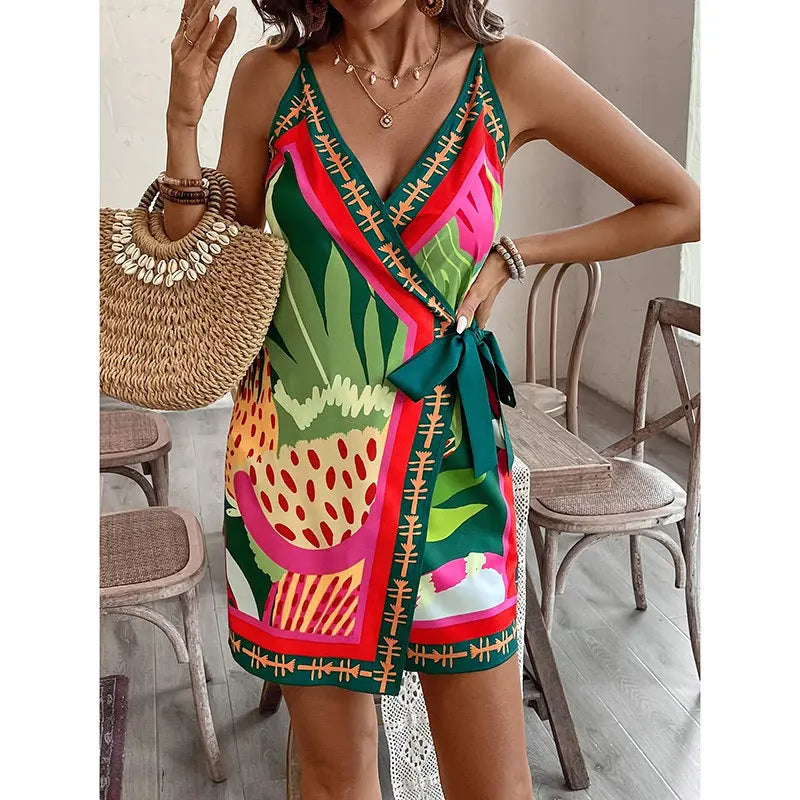 Women Spaghetti Strap Summer Dress V Neck Wrap Waist Tie Casual Beach Sundress Holiday Vacation Mini Dress Lady T Fashions
