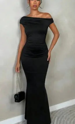 Summer New Elegant Party Daily Date Oblique Shoulder One-Shoulder Off-Shoulder Front Pleated Slim Long Skirt Wavy Texture  White Women's Dress Lady T Fashions