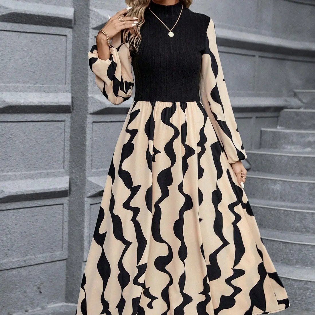Ladies' Spring And Autumn New Long Sleeve Stripe Printed Elegant Style Dress Lady T Fashions