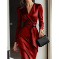 Women's Burgundy Satin Midi Dress Elegant V-Neck Long Sleeve Bodycon Dress With Belted Waist Lady T Fashions