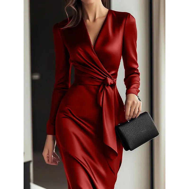 Women's Burgundy Satin Midi Dress Elegant V-Neck Long Sleeve Bodycon Dress With Belted Waist Lady T Fashions