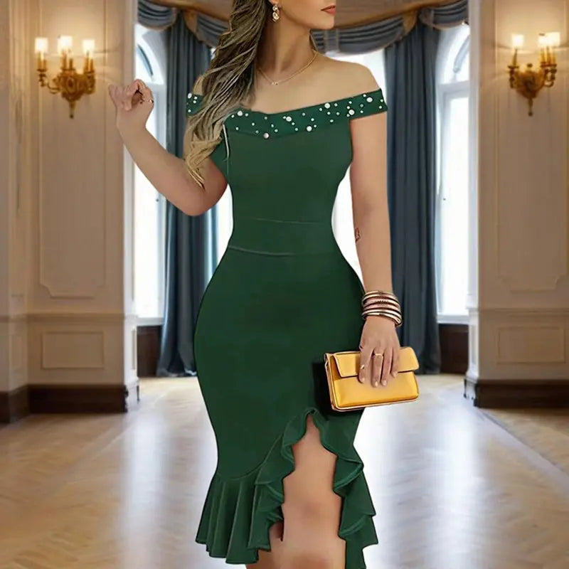 Women's Solid Color Beaded Off-Shoulder Bodycon Dress - Ruffle Hem & Slit Tight Midi Dress For Summer Parties Lady T Fashions