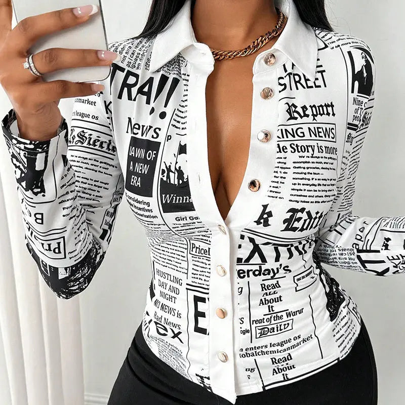 Women's Long Sleeve Casual Shirt - Spring&Fall Slim Fit Printed Blouse With Single Button Placket Lady T Fashions