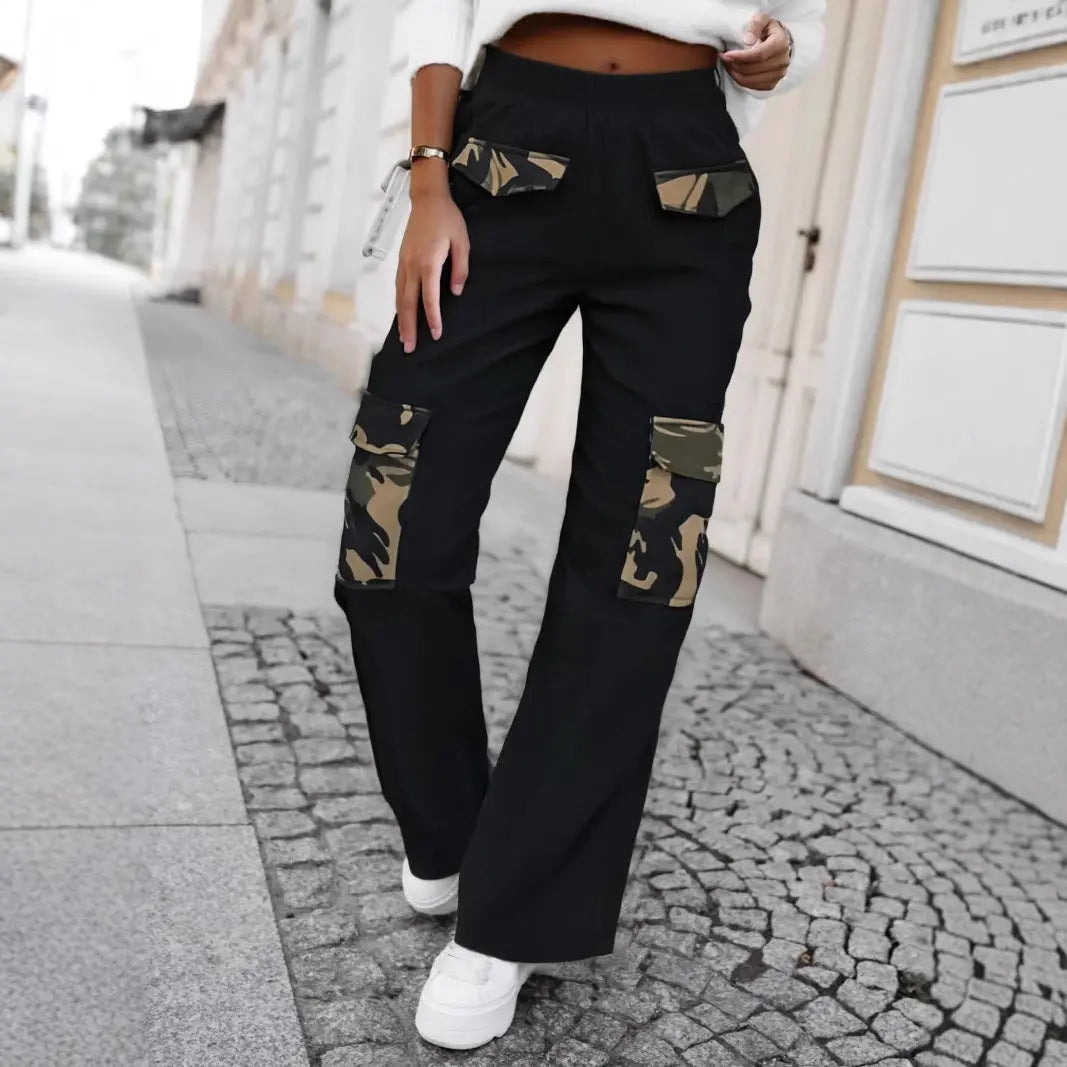 High Street Fashionable Overalls Pocket Camouflage Stitching Trousers Lady T Fashions