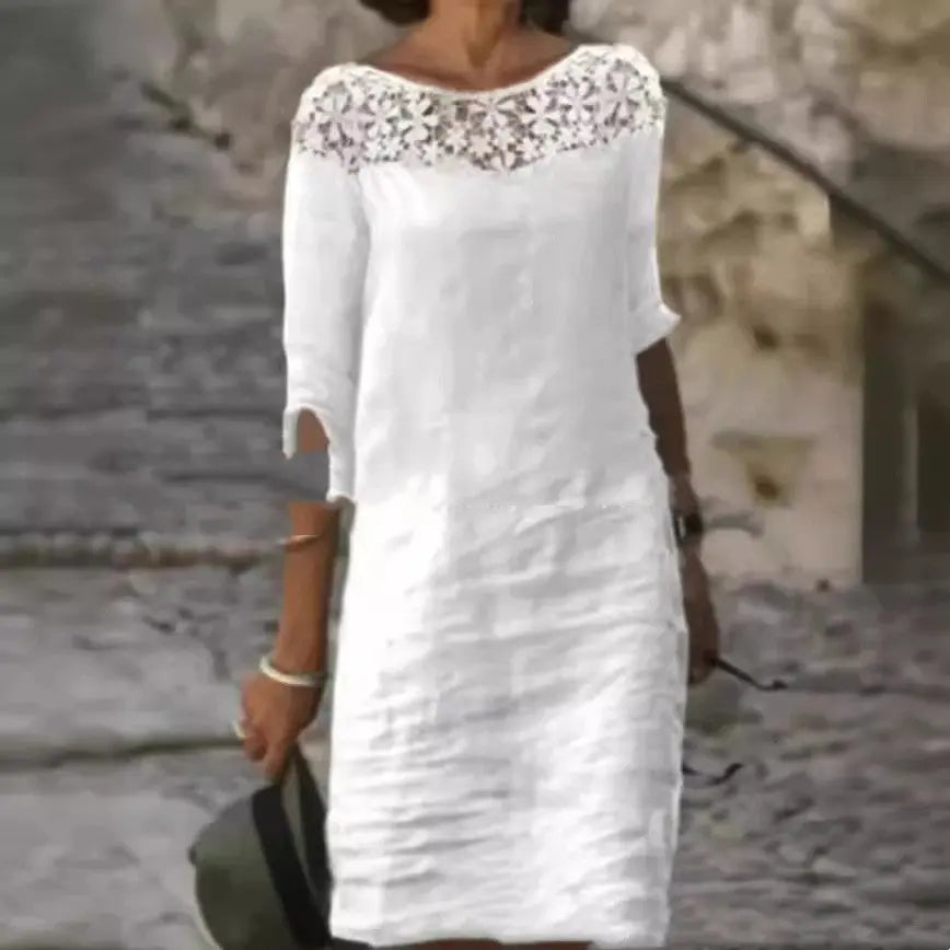 Cotton Lace Round Neck Half-length Sleeve Dress Lady T Fashions