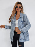 Button Blue Front Flap Pocket Drop Shoulder Denim Jacket Lady T Fashions
