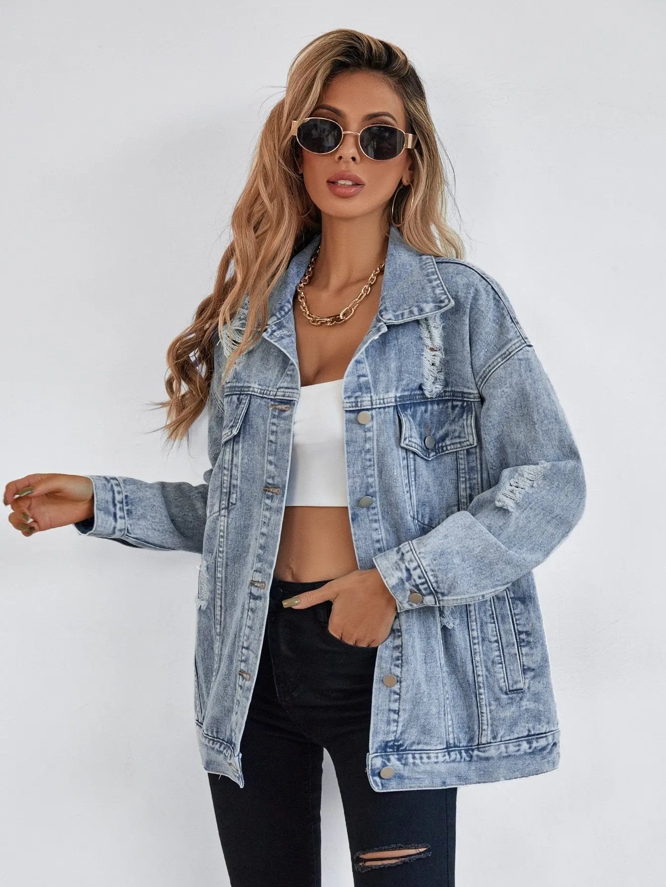 Button Blue Front Flap Pocket Drop Shoulder Denim Jacket Lady T Fashions