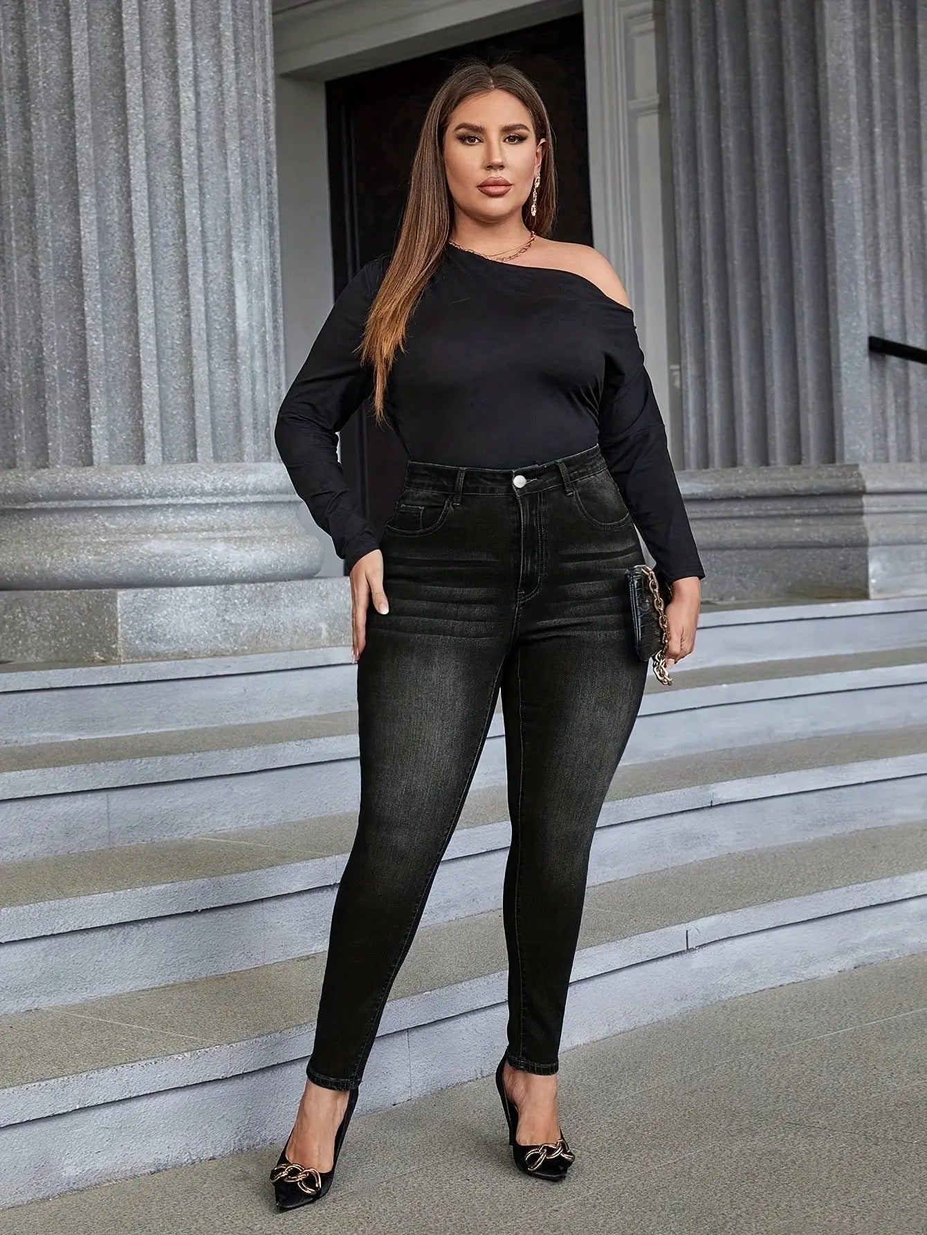 Plus Size Women's High-Waisted Stretch Skinny Jeans - 250-300 lbs Weight Capacity, Deep Black Heavy-Duty Stretch Fabric (Elastic) Pencil Pants, Beltless All-Season Slim Fit Jeans with Button Closure, Machine Washable Elegant Lady T Fashions