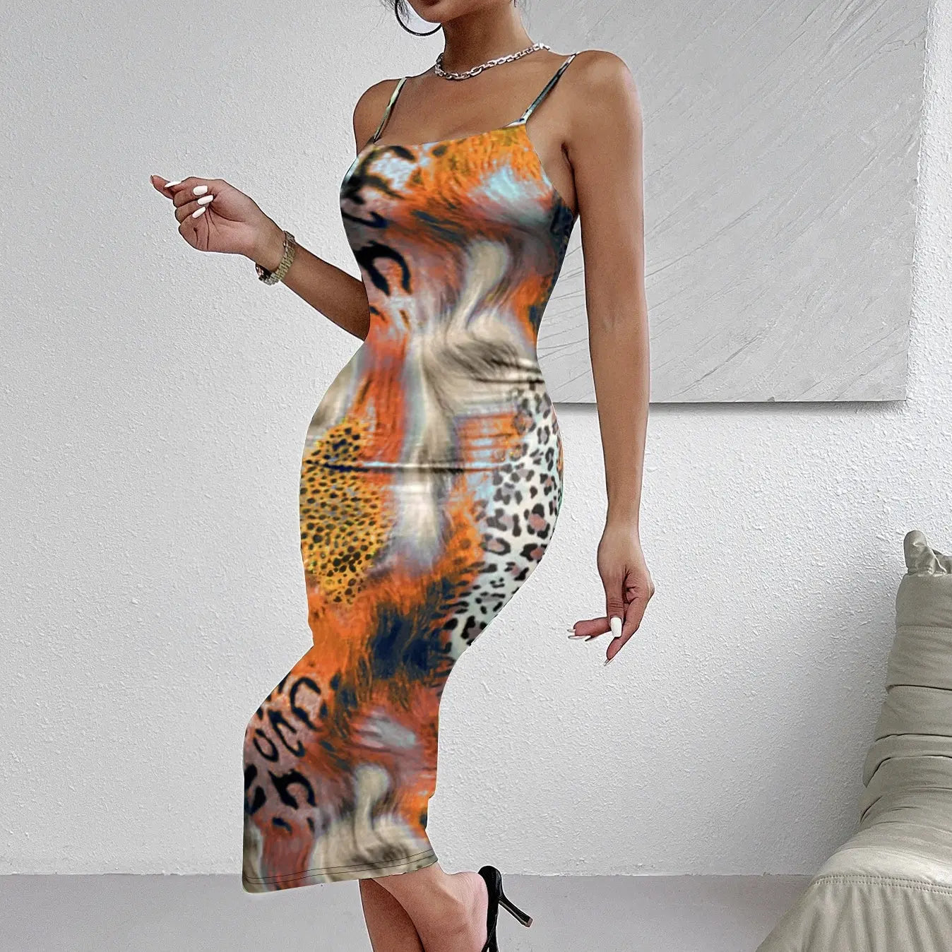 Ladies' Leopard Print Elegant Slimming Vacation Style Suspender Sexy Off Shoulder Dress Lady T Fashions