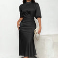 Women's Short Sleeve Mock Neck Ruched Midi Dress Slim Fit Elegant Party Dress Lady T Fashions