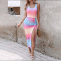 Women's Sleeveless Bodycon Dress - Round Neck Waist Ruffled Side Slit Tight Long Dress Lady T Fashions
