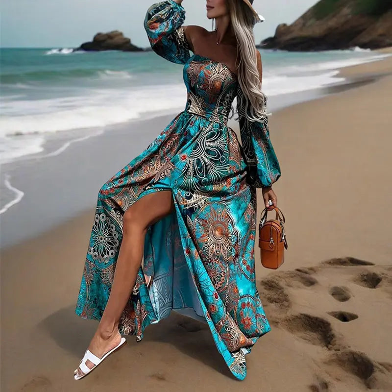 Women's Strapless Off-Shoulder Long Sleeve A-Line Dress - Bohemian Beach Maxi Dress With High Slit For Summer Vacation Lady T Fashions