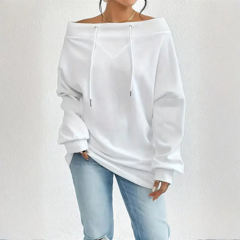 Plus Size Women's Solid Color Off-Shoulder Long Sleeve Pullover With Drawstring - Casual Ribbed Detail Top For Spring&Fall Lady T Fashions