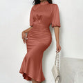 Women's Short Sleeve Mock Neck Ruched Midi Dress Slim Fit Elegant Party Dress Lady T Fashions