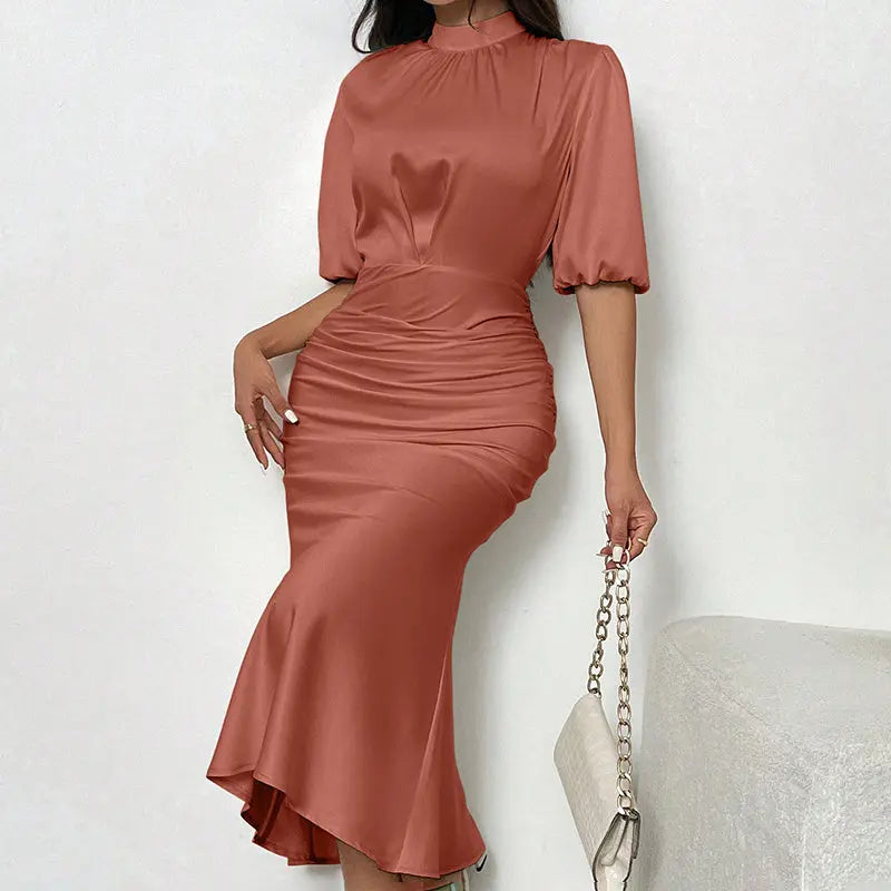 Women's Short Sleeve Mock Neck Ruched Midi Dress Slim Fit Elegant Party Dress Lady T Fashions