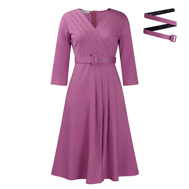 Women's Elegant V-Neck Cross-Wrap A-Line Dress With Belt & Ruffled Hem - Office & Casual Solid Dress For Spring&Summer Lady T Fashions
