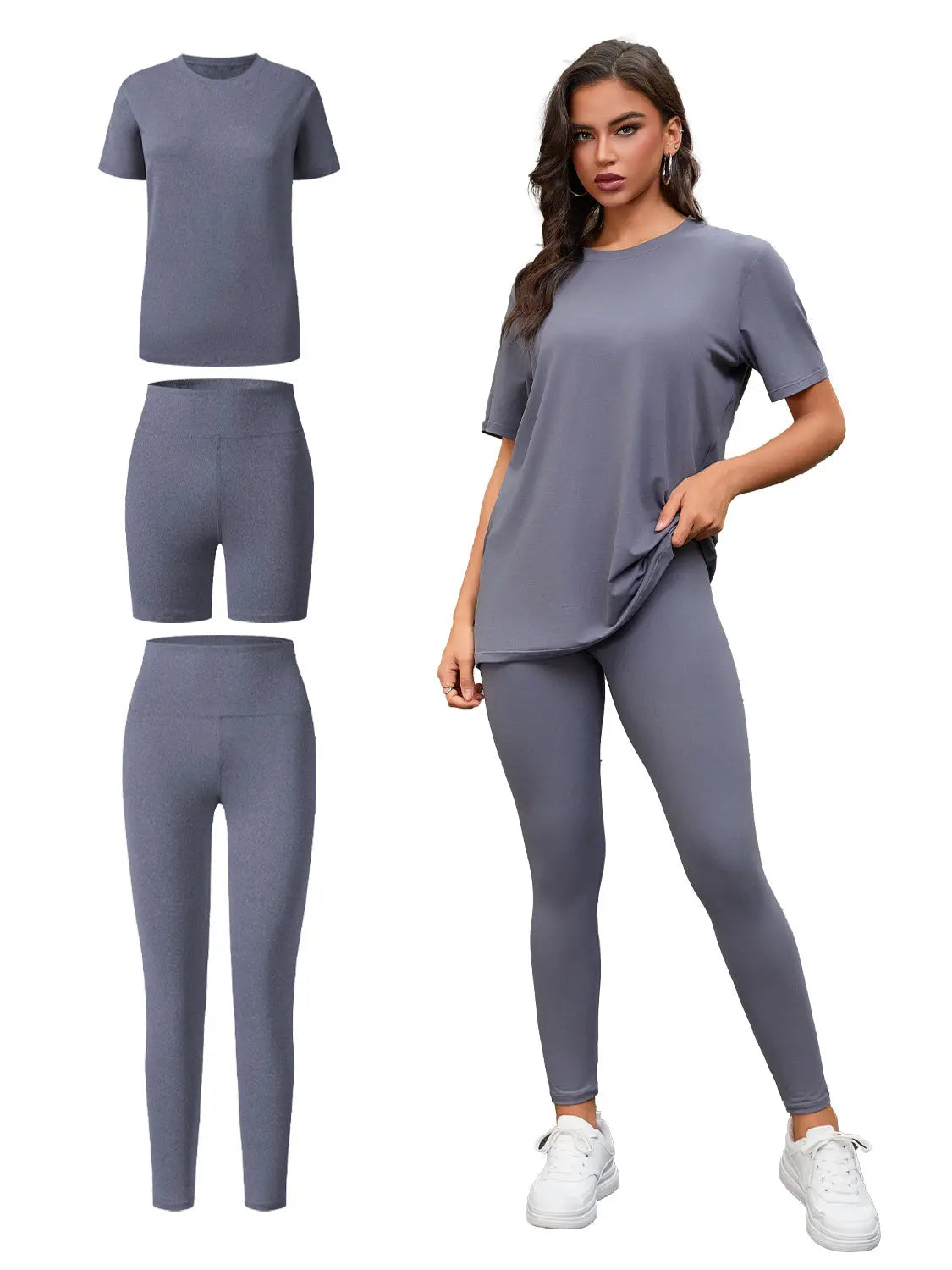 Three Piece Set, Round Neck Short Sleeved Top And Shorts And Pants Set, Sports And Casual Clothing Lady T Fashions
