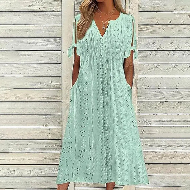 Women's Eyelet V-Neck Maxi Dress Short Sleeve Flowy A-Line Summer Beach Dress Lady T Fashions