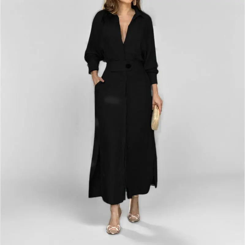 Women's Elegant Tied Solid Color Waisted Long-sleeved Shirt Dress Lady T Fashions