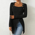 Elegant Women's Solid Color Slim-Fit Long Sleeve Top - Square Neck & Button Detail With Asymmetric Hem, Casual Fall&Spring Blouse Lady T Fashions